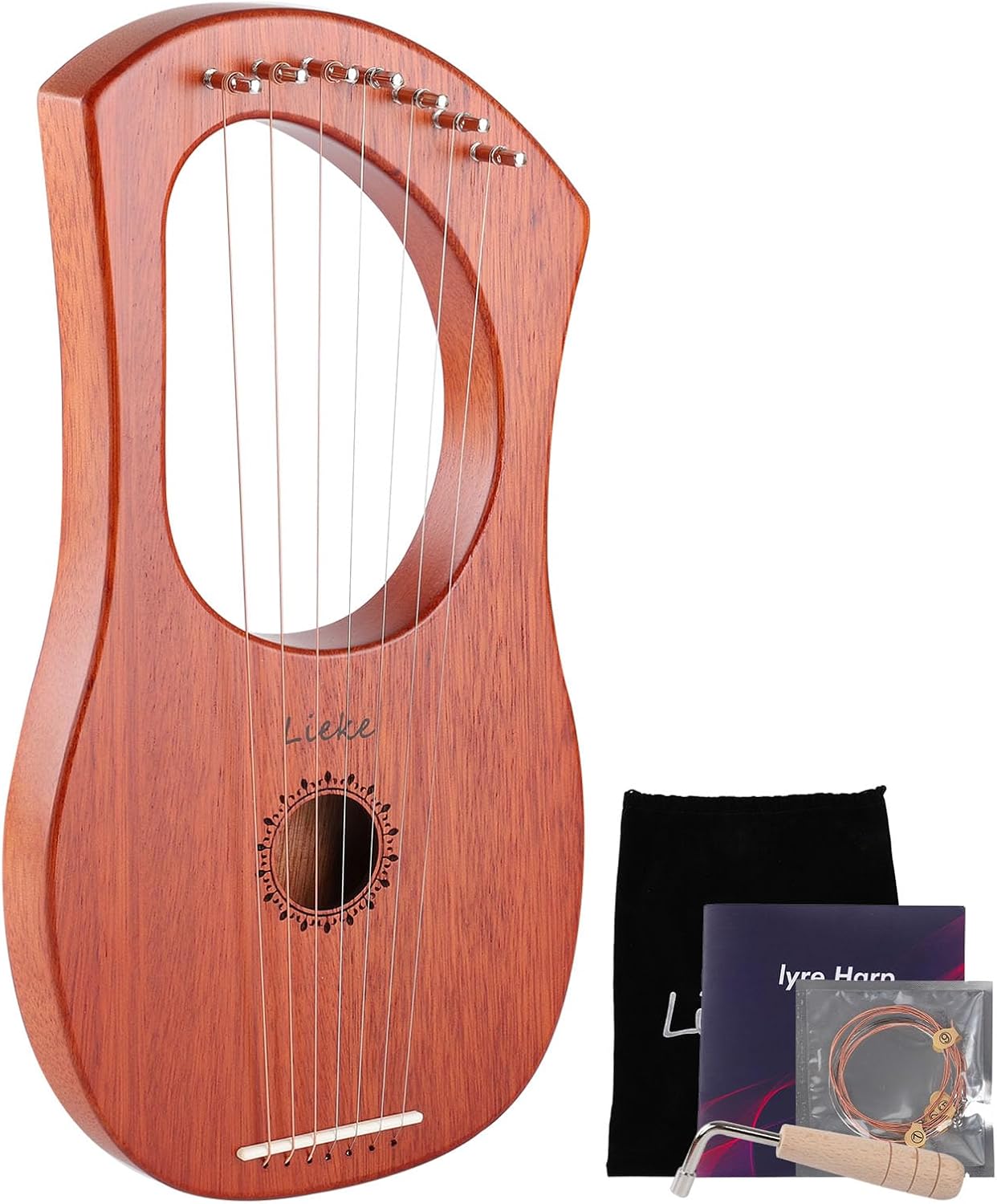 LIEKE 7 String Lyre Harp Instrument with Tuning Wrench,Metal Strings,Bag, Mahogany Body and Bone Saddle,Lyre Harp Kit Gift for Adults Beginner LIEKE 7 String Lyre Harp Instrument with Tuning Wrench,Metal Strings,Bag, Mahogany Body and - Image 1