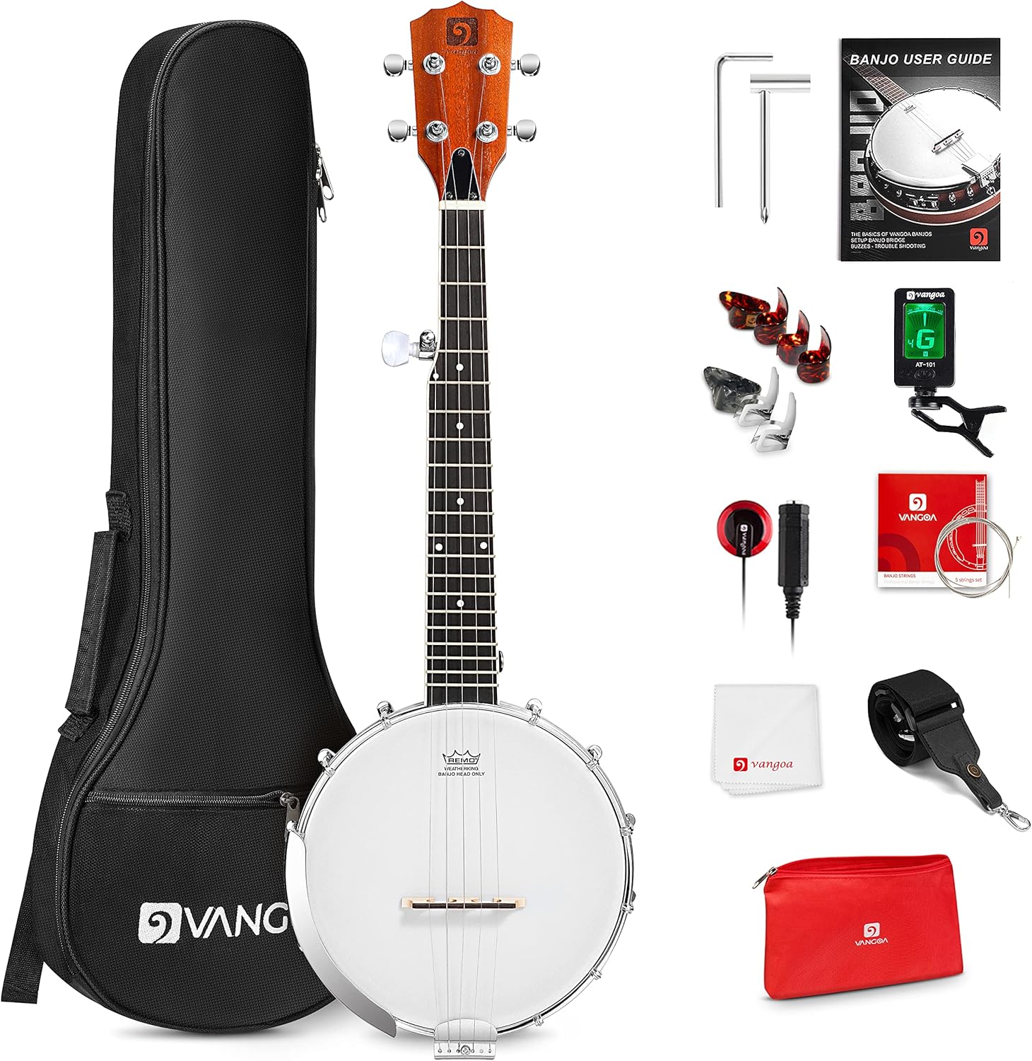 Vangoa 5 String Banjo 26 Inch, MINI Travel Banjo Beginner Kit with Remo Head, Open Back &