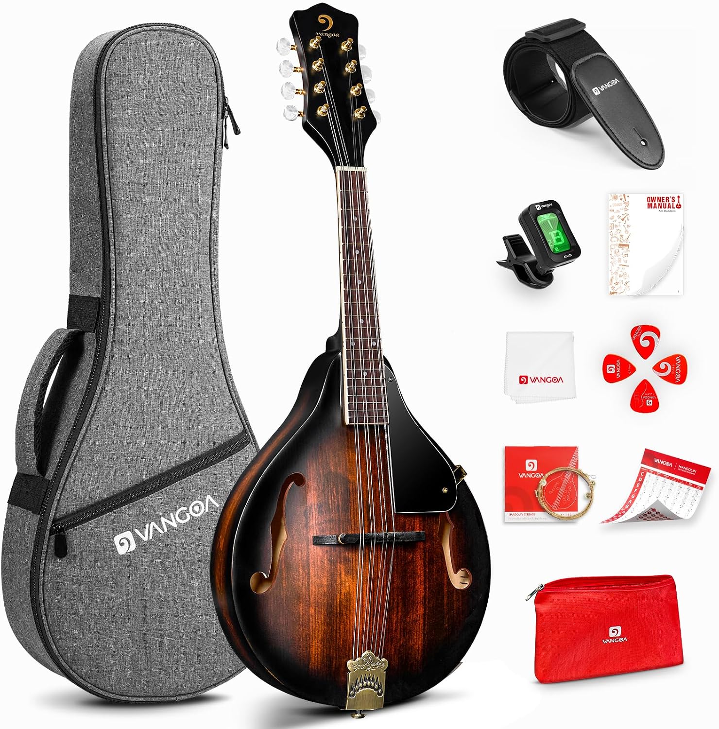 Vangoa Mandolin Instrument A Style, Acoustic Mandolin Musical Instrument Solid Spruce Top 8 String for Beginners, Adults, Teens, Dark Brown
